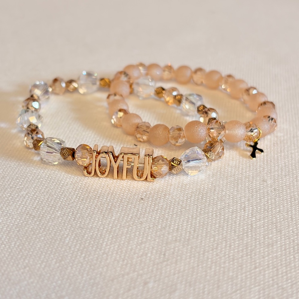Joyful Beaded Bracelet Stack • Crystal Gold Bracelets •Neutral Aesthetic Jewelry